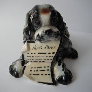Vintage Pottery Ceramic Cocker Spaniel Dog w/Newspaper Figurine Statue Sculpture